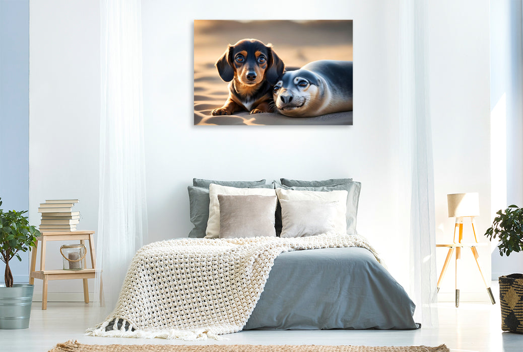 Premium Textil-Leinwand Dackelwelpe kuschelt mit kleinem Seehund am Strand