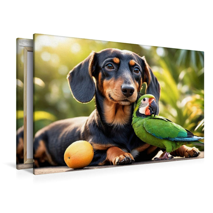 Premium Textil-Leinwand Dackel und Papagei in tropischer Natur