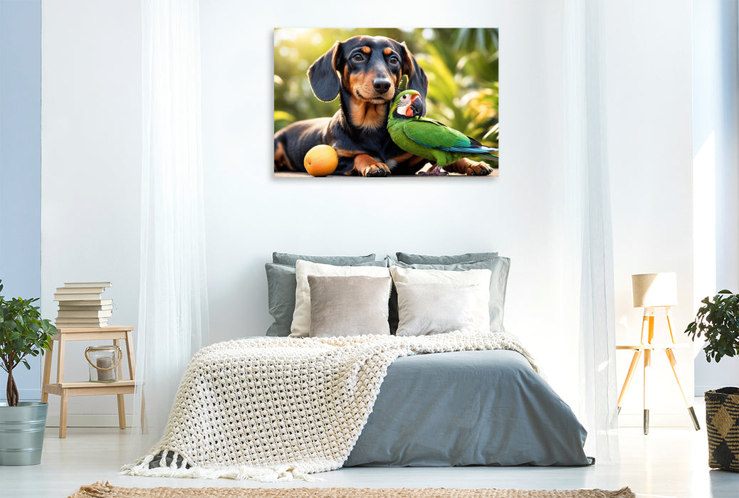 Premium Textil-Leinwand Dackel und Papagei in tropischer Natur