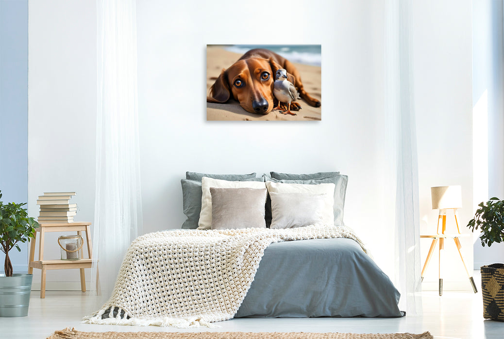 Premium Textil-Leinwand Dackel und zutrauliche Möwe am Sandstrand