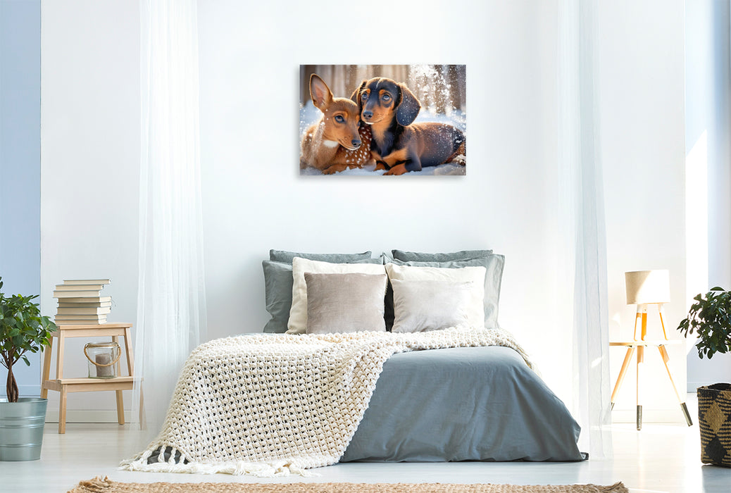 Premium Textil-Leinwand Dackel und Rehkitz kuscheln im verschneiten Winterwald