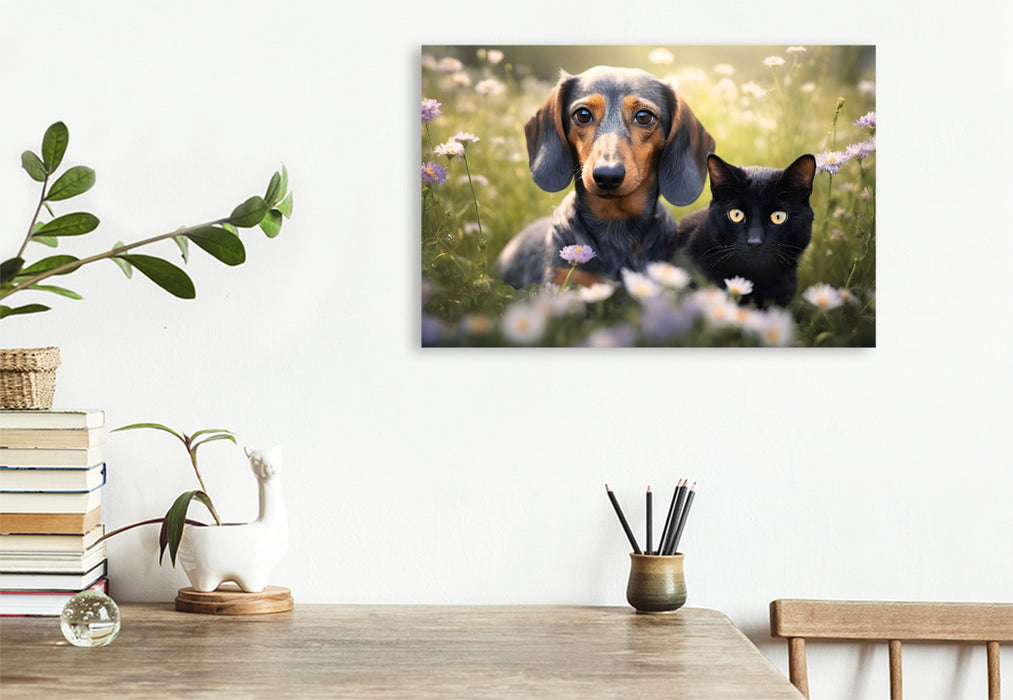 Premium Textil-Leinwand Dackel und eine schwarze Katze faulenzen auf einer Blumenwiese