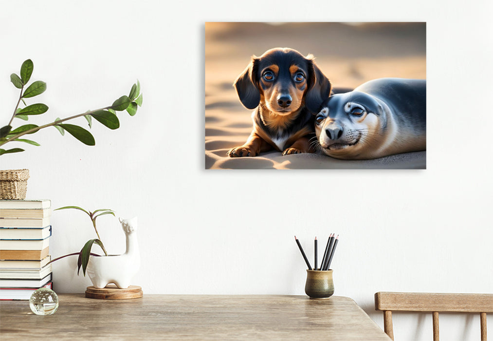 Premium Textil-Leinwand Dackelwelpe kuschelt mit kleinem Seehund am Strand