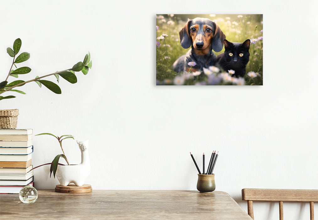 Premium Textil-Leinwand Dackel und eine schwarze Katze faulenzen auf einer Blumenwiese