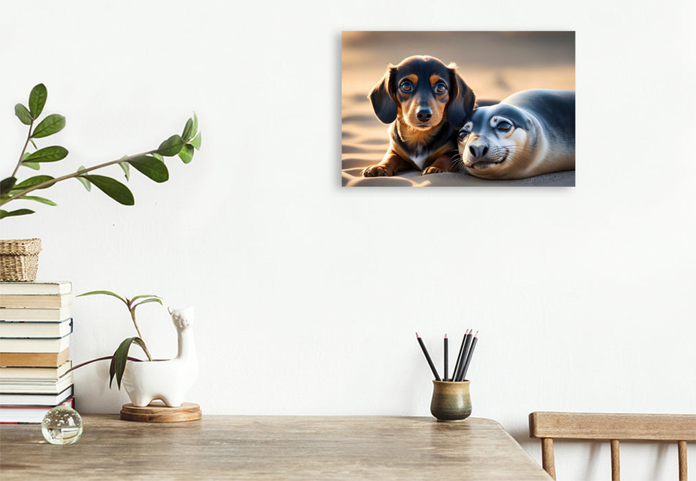 Premium Textil-Leinwand Dackelwelpe kuschelt mit kleinem Seehund am Strand
