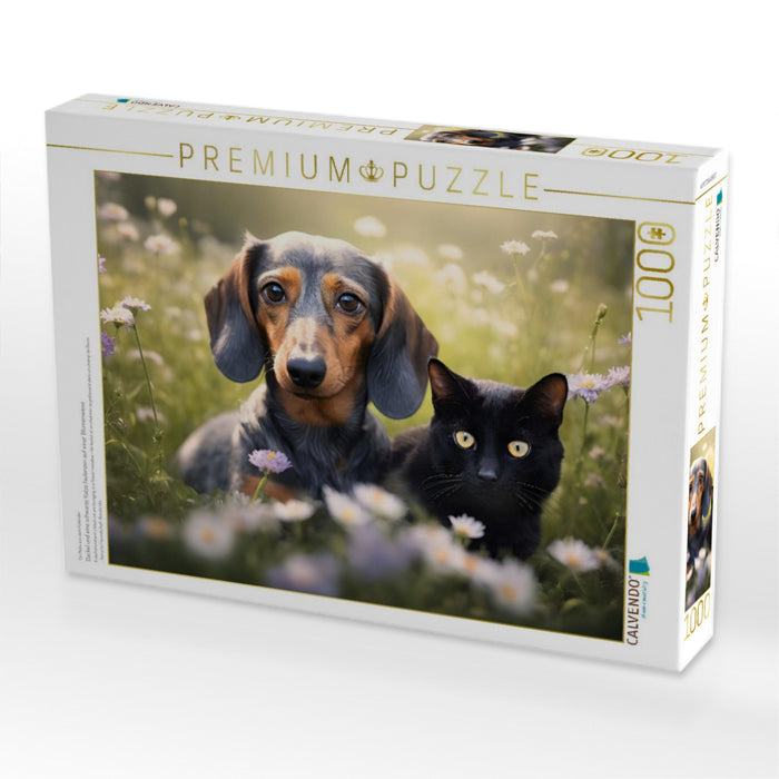 Dackel und eine schwarze Katze faulenzen auf einer Blumenwiese - CALVENDO Foto-Puzzle'