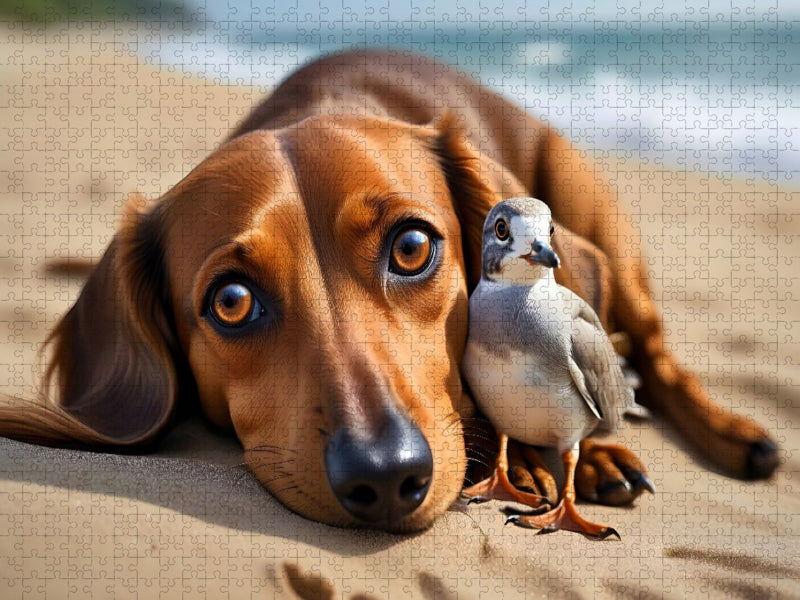 Dackel und zutrauliche Möwe am Sandstrand - CALVENDO Foto-Puzzle'
