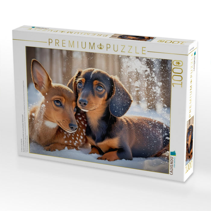Dackel und Rehkitz kuscheln im verschneiten Winterwald - CALVENDO Foto-Puzzle'