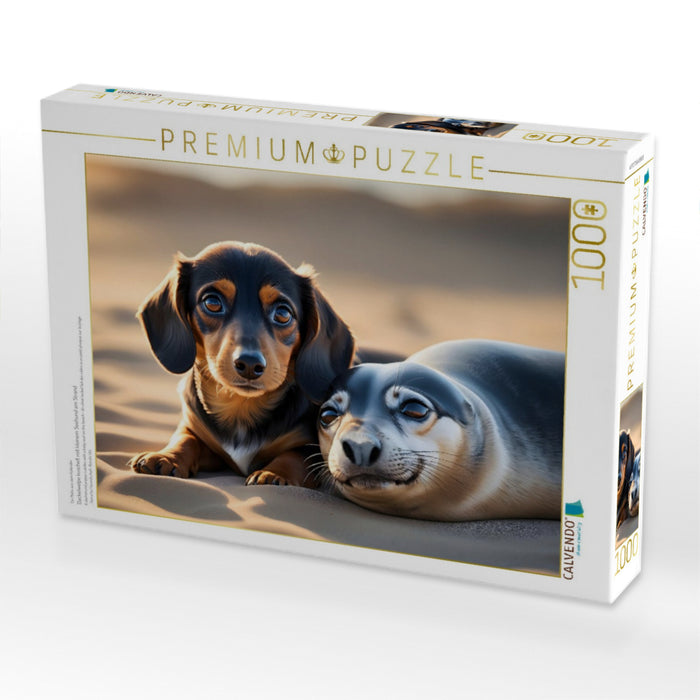 Dackelwelpe kuschelt mit kleinem Seehund am Strand - CALVENDO Foto-Puzzle'