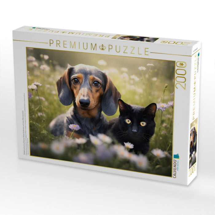 Dackel und eine schwarze Katze faulenzen auf einer Blumenwiese - CALVENDO Foto-Puzzle'