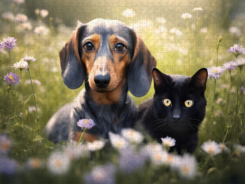 Dackel und eine schwarze Katze faulenzen auf einer Blumenwiese - CALVENDO Foto-Puzzle'