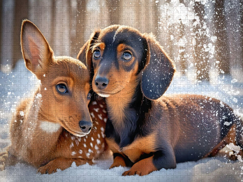 Dackel und Rehkitz kuscheln im verschneiten Winterwald - CALVENDO Foto-Puzzle'