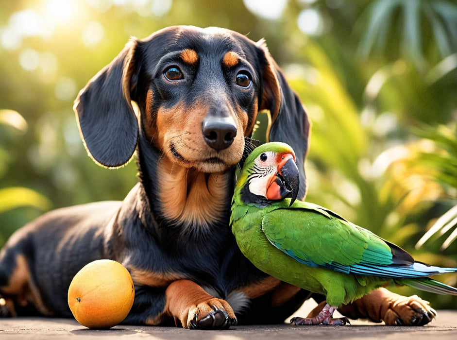 Dackel und Papagei in tropischer Natur - CALVENDO Foto-Puzzle'