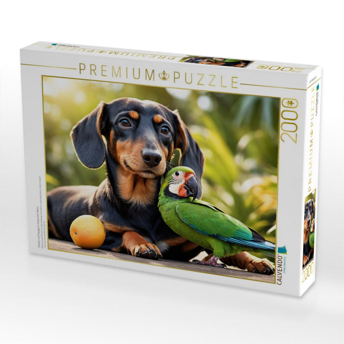 Dackel und Papagei in tropischer Natur - CALVENDO Foto-Puzzle'