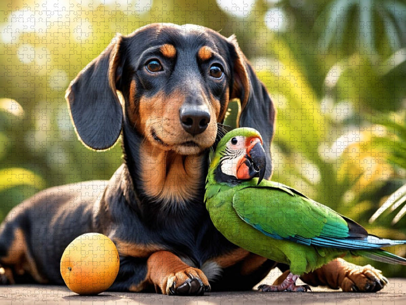 Dackel und Papagei in tropischer Natur - CALVENDO Foto-Puzzle'