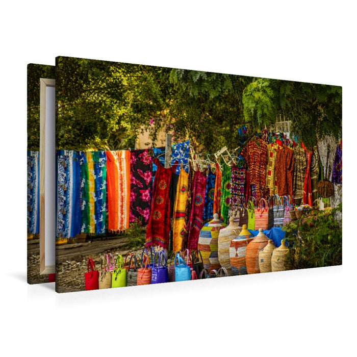 Premium Textil-Leinwand Kunsthandwerk und Stoffe – Bunter Markt im Senegal