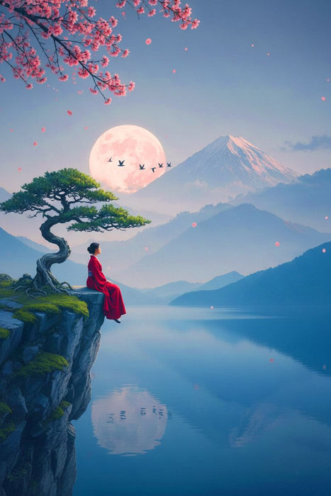 Premium Textil-Leinwand Frau im roten Kleid vor einer fernen Landschaft