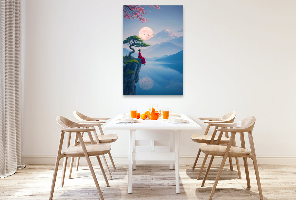 Premium Textil-Leinwand Frau im roten Kleid vor einer fernen Landschaft