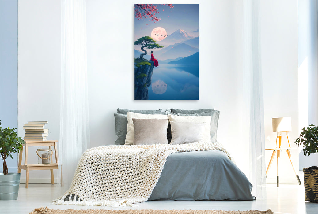 Premium Textil-Leinwand Frau im roten Kleid vor einer fernen Landschaft