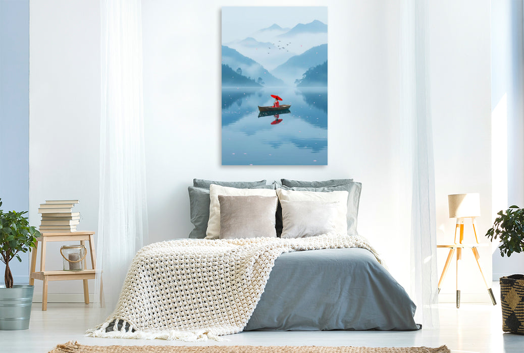 Premium Textil-Leinwand Roter Schirm in blauer Weite