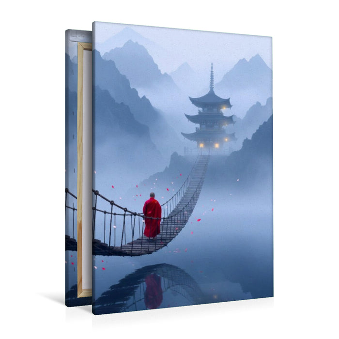 Premium Textil-Leinwand Der Weg zum Ziel - Hängebrücke mit buddhistischem Mönch und Tempel