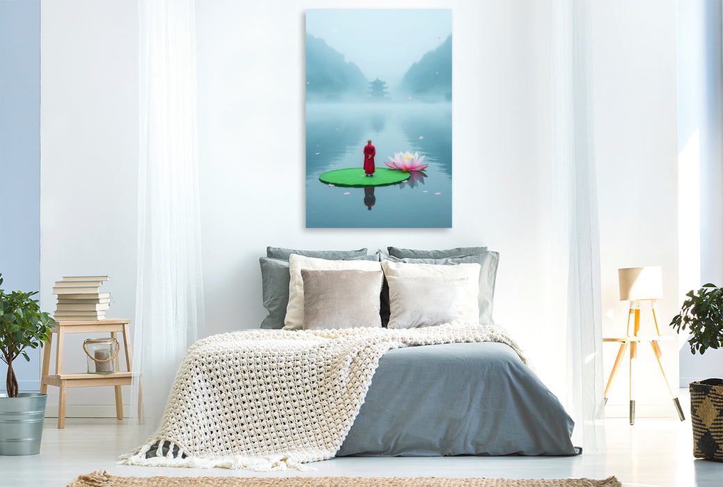 Premium Textil-Leinwand Mönch auf einem Lotosblumenblatt auf einem See