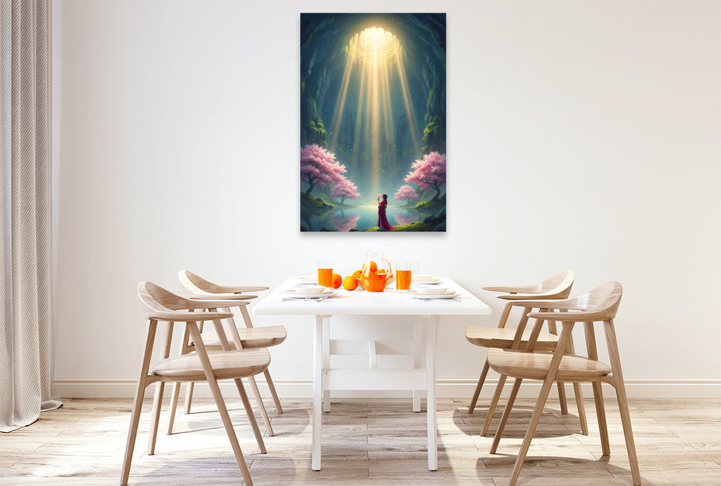 Premium Textil-Leinwand Im Sonnenlicht - blühende Kirschbäume in einer Höhle mit Geisha