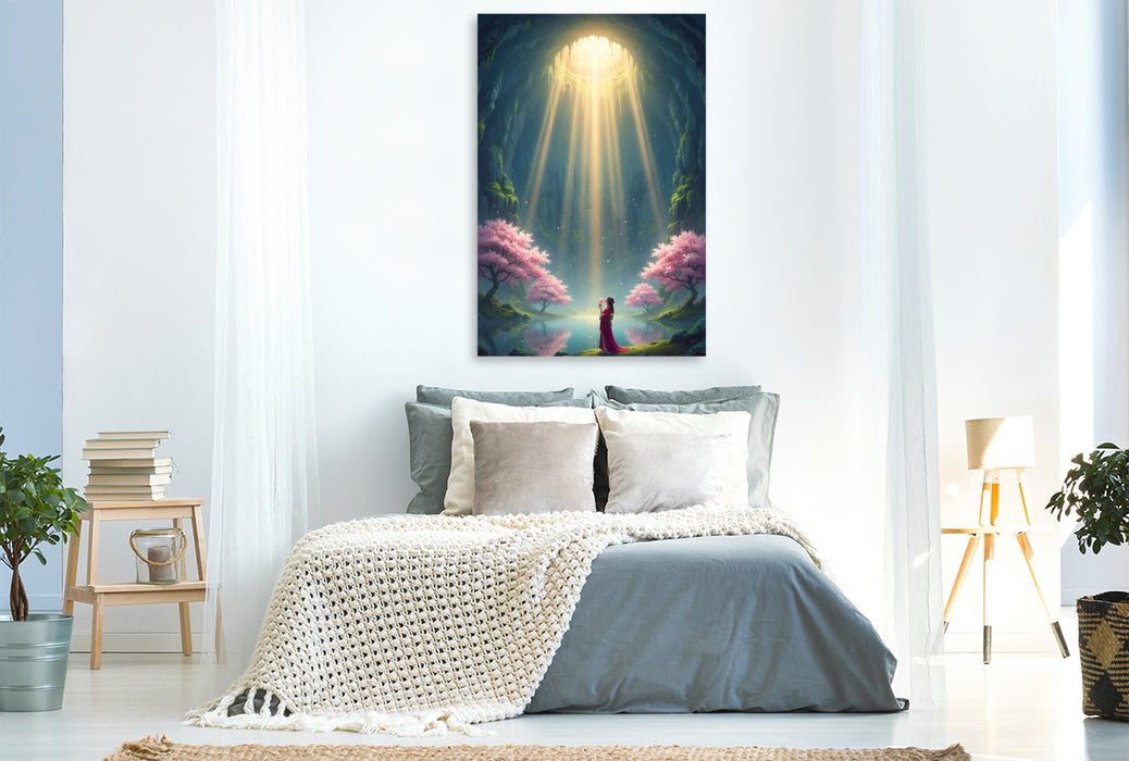 Premium Textil-Leinwand Im Sonnenlicht - blühende Kirschbäume in einer Höhle mit Geisha