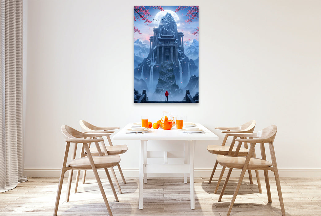 Premium Textil-Leinwand Die letzten Stufen zum Ziel - buddhistischer Fantasie Tempel