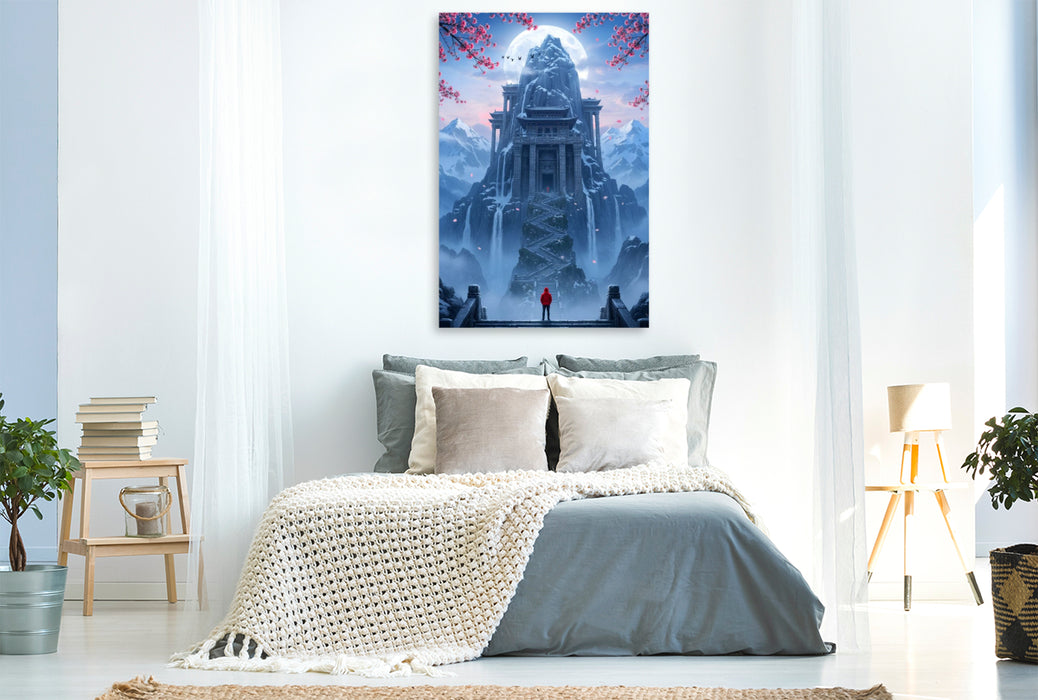 Premium Textil-Leinwand Die letzten Stufen zum Ziel - buddhistischer Fantasie Tempel