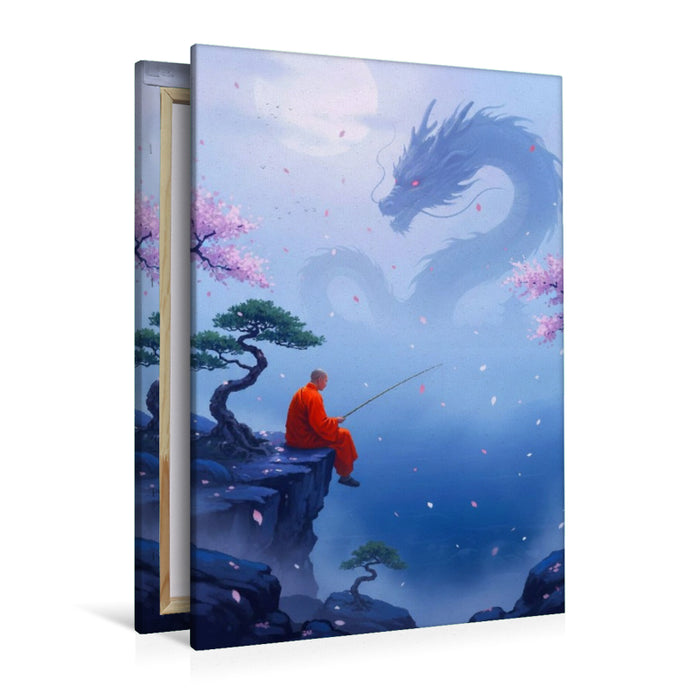 Premium Textil-Leinwand Buddhistischer Mönch und Drachen