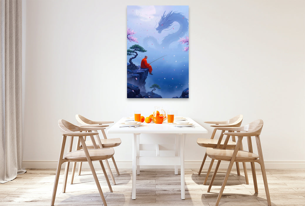 Premium Textil-Leinwand Buddhistischer Mönch und Drachen