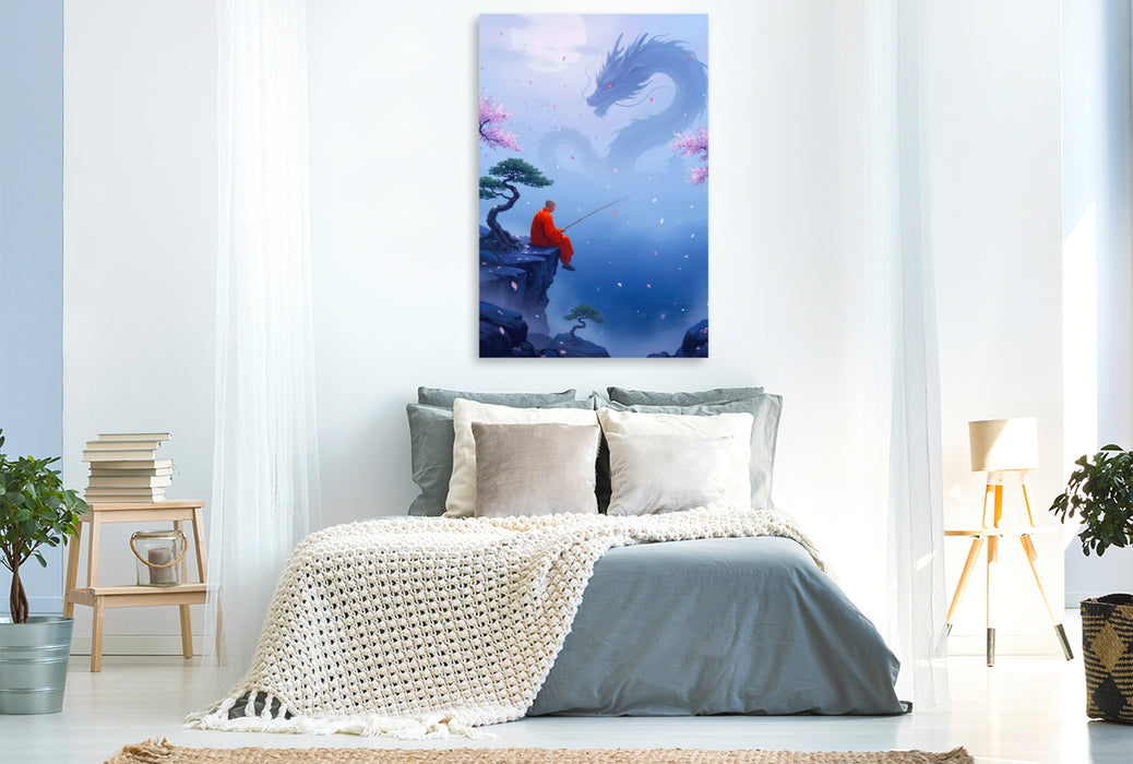 Premium Textil-Leinwand Buddhistischer Mönch und Drachen