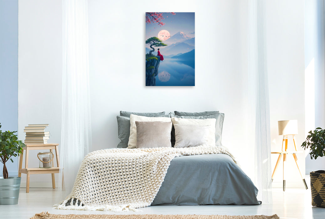 Premium Textil-Leinwand Frau im roten Kleid vor einer fernen Landschaft