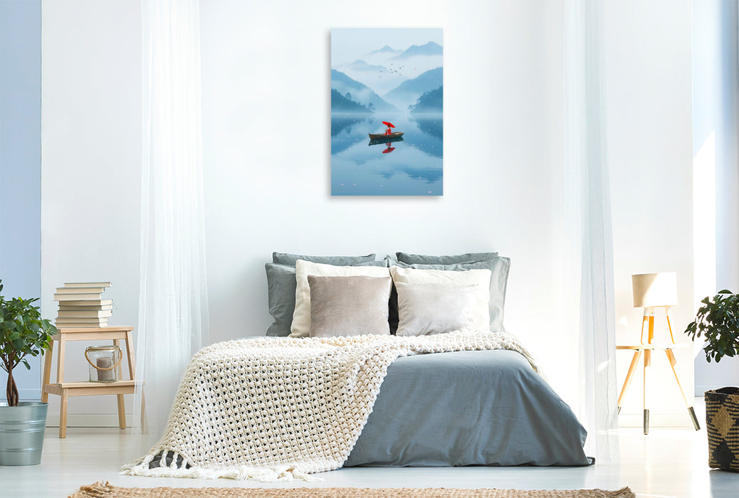 Premium Textil-Leinwand Roter Schirm in blauer Weite