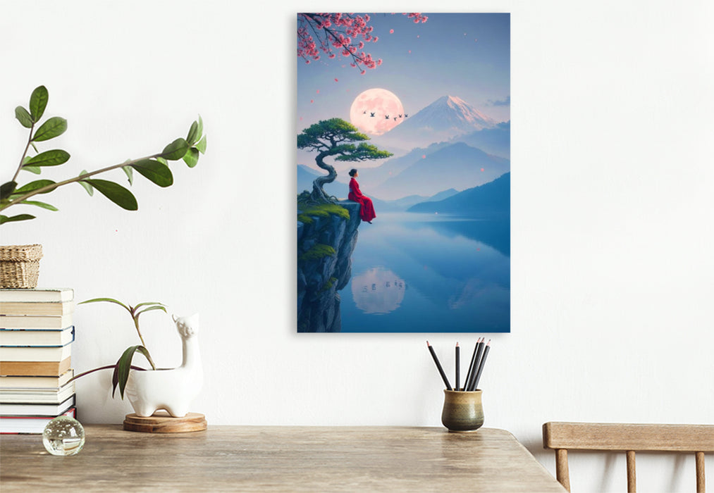 Premium Textil-Leinwand Frau im roten Kleid vor einer fernen Landschaft
