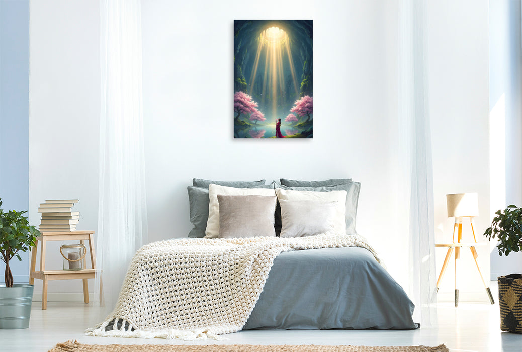 Premium Textil-Leinwand Im Sonnenlicht - blühende Kirschbäume in einer Höhle mit Geisha