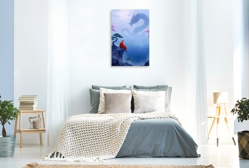 Premium Textil-Leinwand Buddhistischer Mönch und Drachen