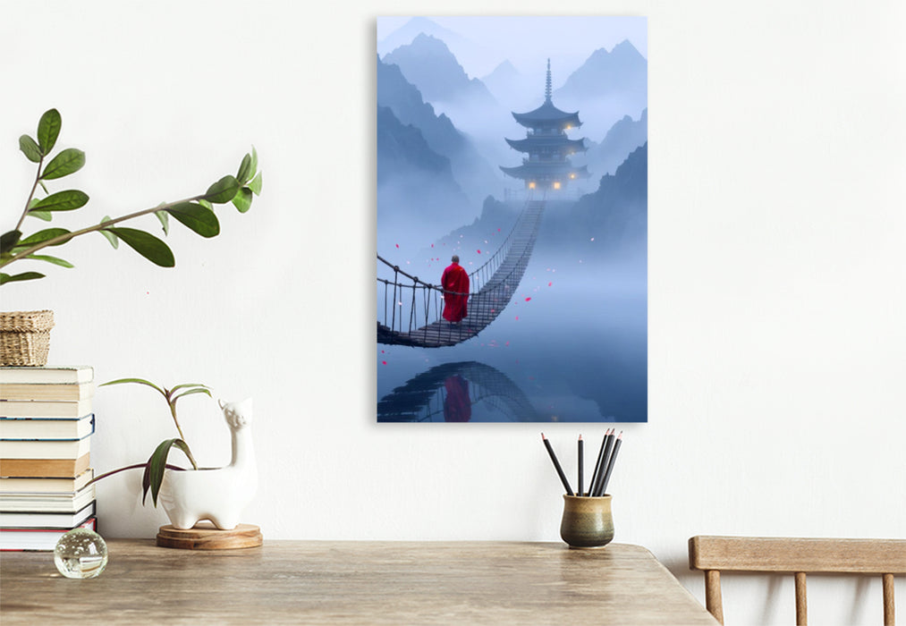 Premium Textil-Leinwand Der Weg zum Ziel - Hängebrücke mit buddhistischem Mönch und Tempel