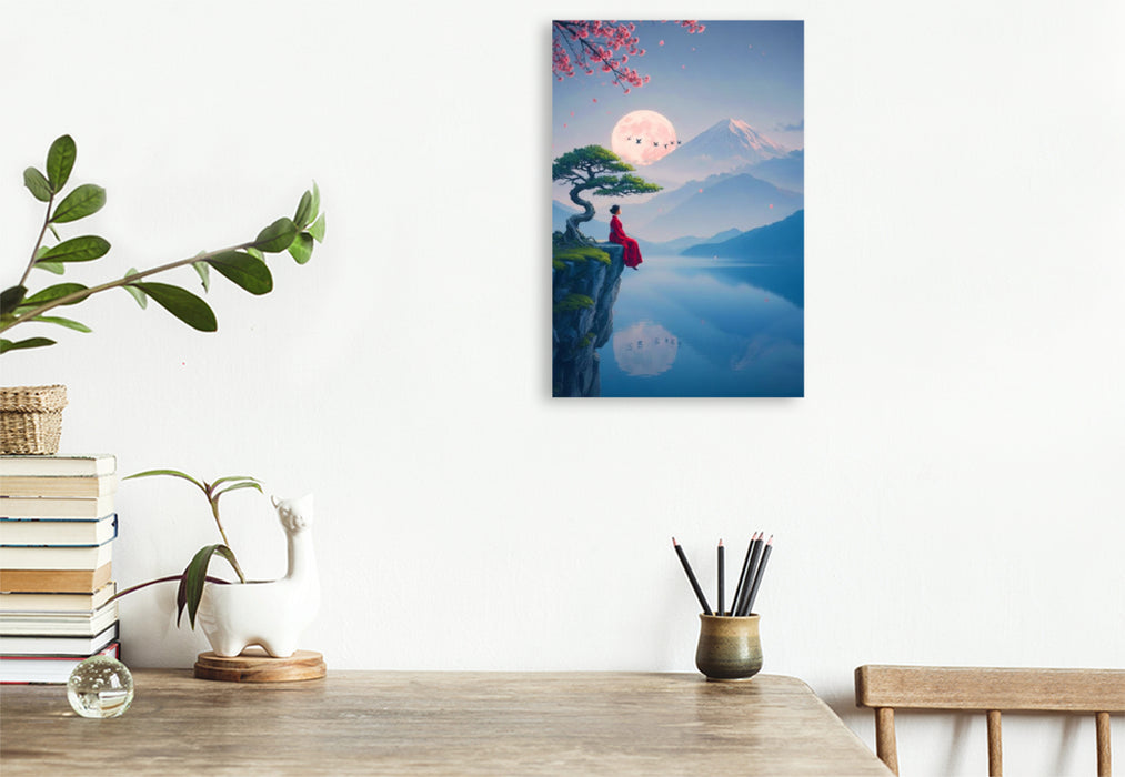 Premium Textil-Leinwand Frau im roten Kleid vor einer fernen Landschaft