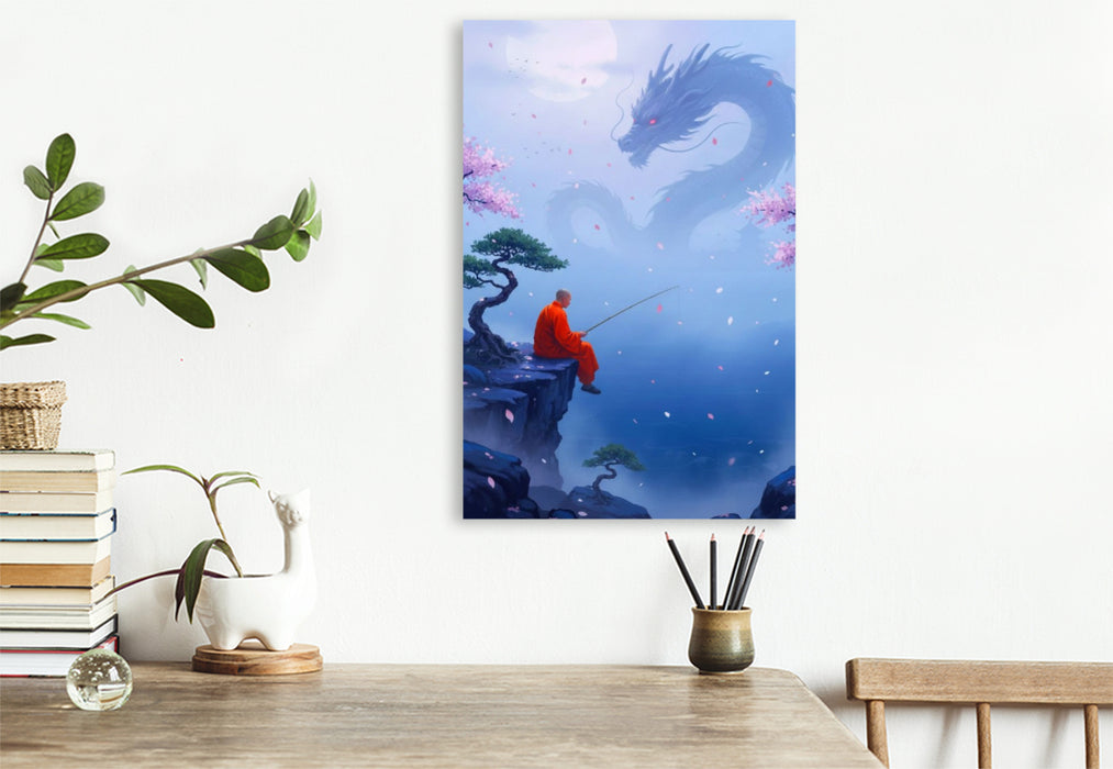 Premium Textil-Leinwand Buddhistischer Mönch und Drachen