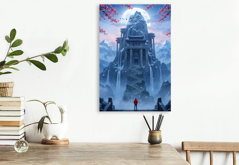 Premium Textil-Leinwand Die letzten Stufen zum Ziel - buddhistischer Fantasie Tempel