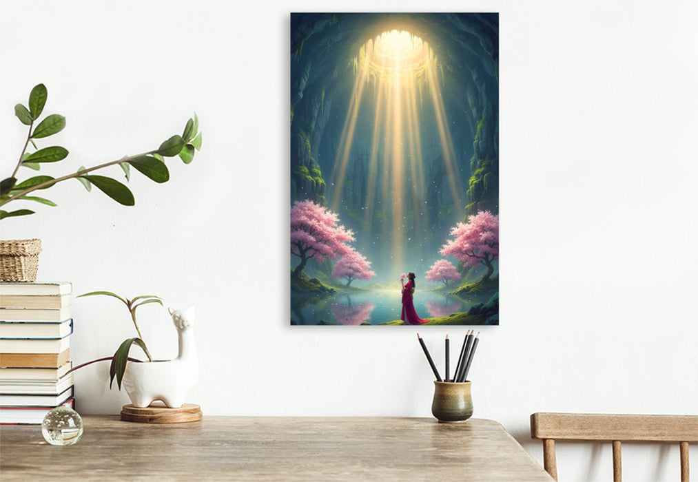 Premium Textil-Leinwand Im Sonnenlicht - blühende Kirschbäume in einer Höhle mit Geisha