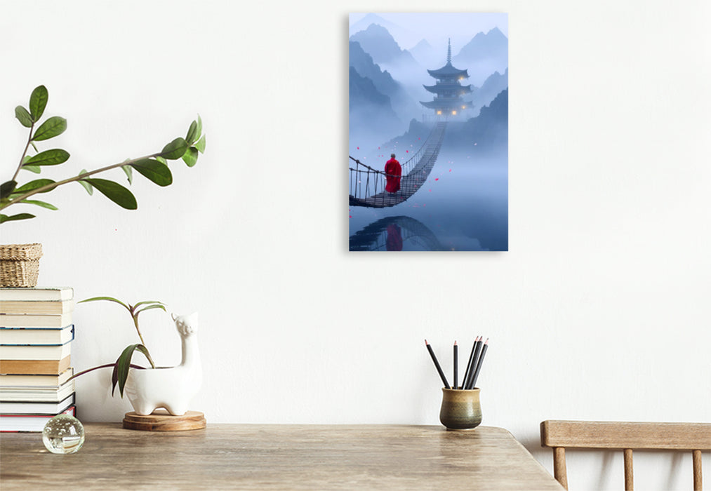 Premium Textil-Leinwand Der Weg zum Ziel - Hängebrücke mit buddhistischem Mönch und Tempel