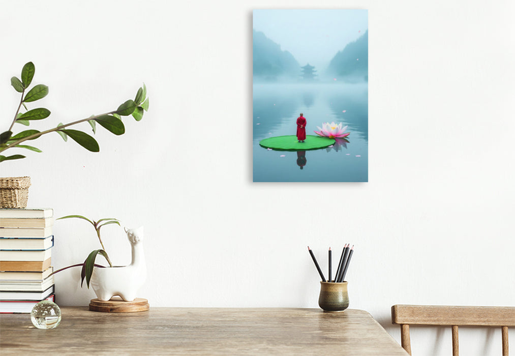 Premium Textil-Leinwand Mönch auf einem Lotosblumenblatt auf einem See