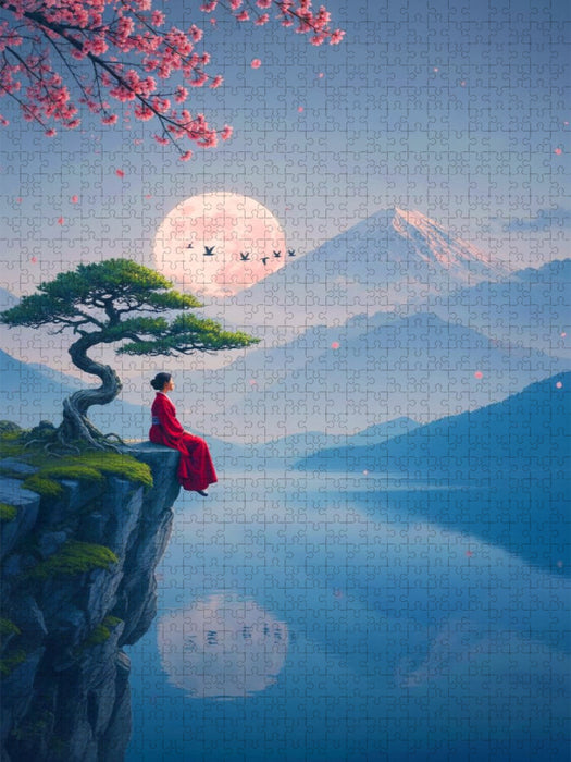 Frau im roten Kleid vor einer fernen Landschaft - CALVENDO Foto-Puzzle'