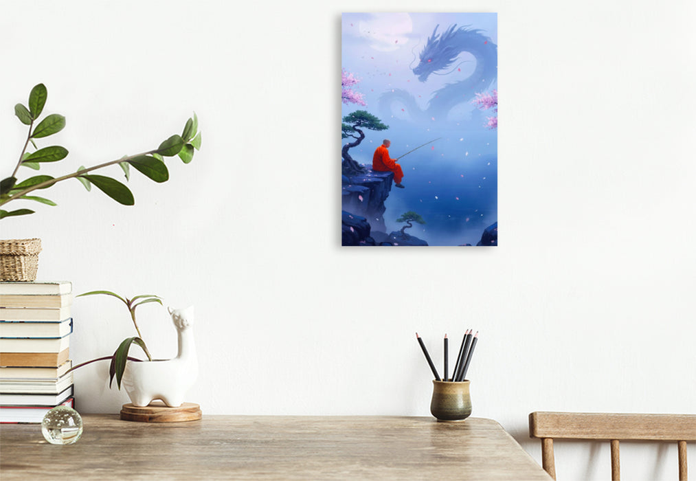 Premium Textil-Leinwand Buddhistischer Mönch und Drachen