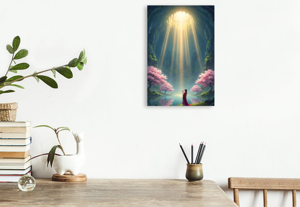 Premium Textil-Leinwand Im Sonnenlicht - blühende Kirschbäume in einer Höhle mit Geisha