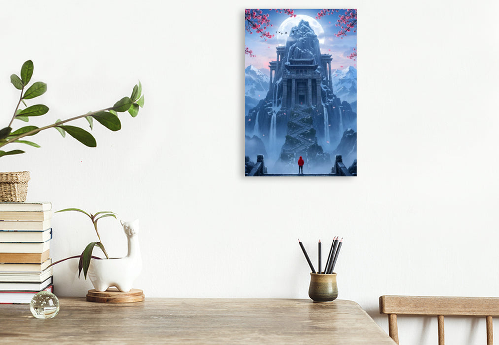 Premium Textil-Leinwand Die letzten Stufen zum Ziel - buddhistischer Fantasie Tempel