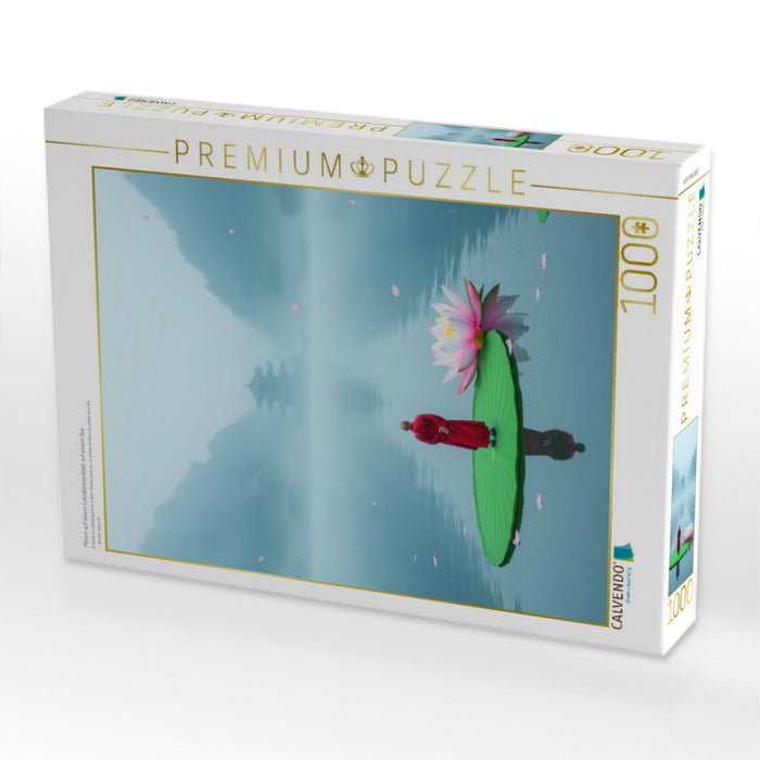 Mönch auf einem Lotosblumenblatt auf einem See - CALVENDO Foto-Puzzle'
